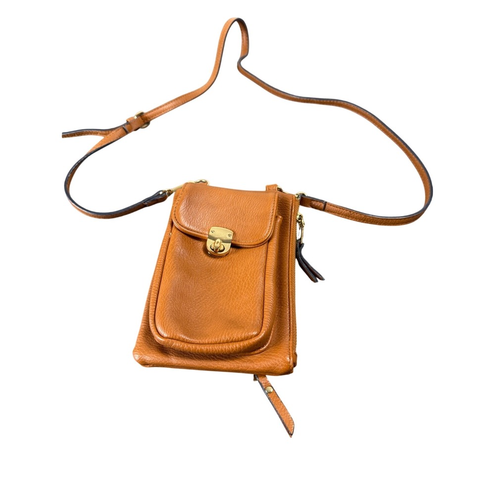 Cognac Brown Pebbled Faux Leather Crossbody Phone Bag Wallet Gold Hardware